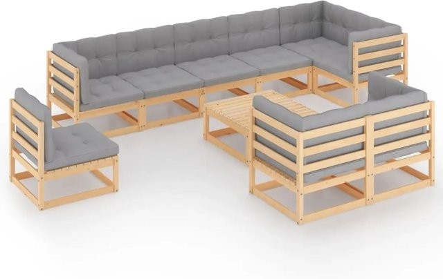 vidaXL 10-tlg. Garten-Lounge-Set aus massivem Kiefernholz in Natur mit grauen Polstern - Bild 1