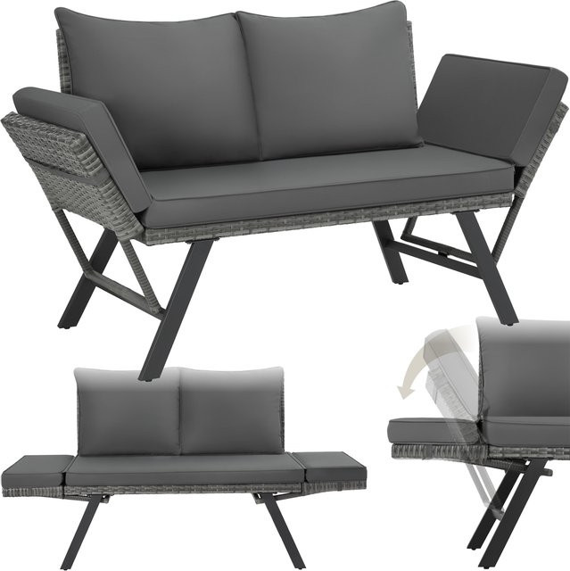 tectake Rattan-Loungesofa mit 2in1 Funktion in Grau mit Polsterung und Armlehnen, B/T/H: 157 x 61 x 89 cm - Bild 1