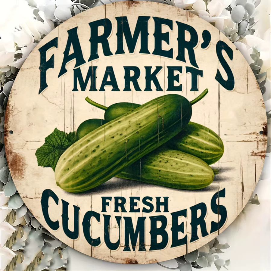 Potdemiel Rundes Aluminiumschild Farmer's Market Fresh Cucumbers Vintage Wandkunst Metall, Durchmesser: 19,81 cm, Mehrfarbig - Bild 4