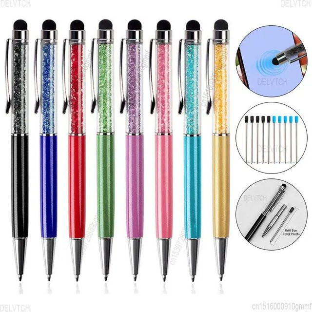 DELVTCH 8er Set Kristall Diamant Kugelschreiber mit Touchscreen-Stylus und 1,0 mm Spitze, Farben: Blau, Schwarz und Multicolour - Bild 1