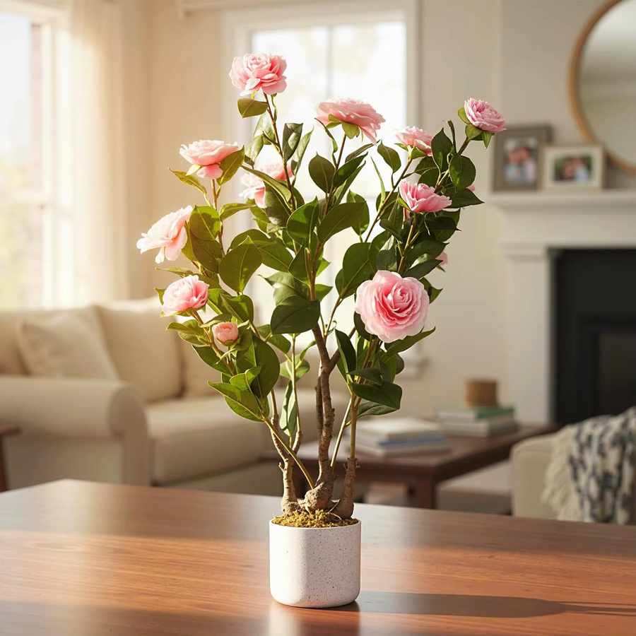 Garvee Künstliche Kamelie in Pink mit 16 Blüten im Topf, Dekorative Kunstpflanze für Innen und Außen, Höhe: 75 cm - Bild 2