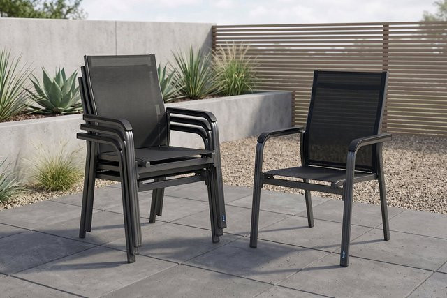 Kettler Basic Plus Stapelsessel Set aus Aluminium und Outdoorgewebe, 4er Pack, Anthrazit/Schwarz - Bild 1