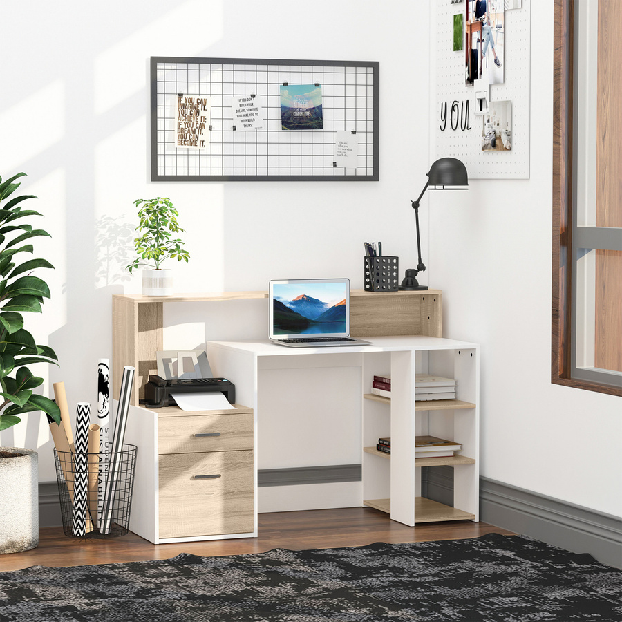 HOMCOM Computertisch für Büro oder Zuhause mit 2 Schubladen und 3 Einlegeböden in Weiß und Beige - Bild 2