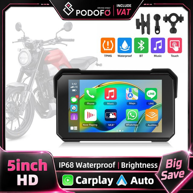 Podofo Motorrad Smart Player mit 5 Zoll IPS Touchscreen, IP68 wasserdichter GPS-Navigator mit kabellosem CarPlay, Android Auto und Bluetooth, Farbe: Schwarz - Bild 1