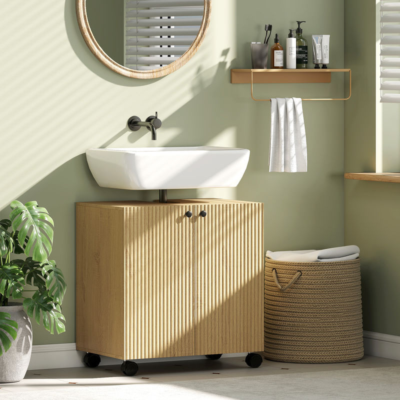HOMCOM Waschbeckenunterschrank mit Rollen und Soft-Close Türen, Badezimmerschrank mit höhenverstellbarer Ablage, Naturholz, B: 60 cm, T: 39,8 cm, H: 62 cm - Bild 2