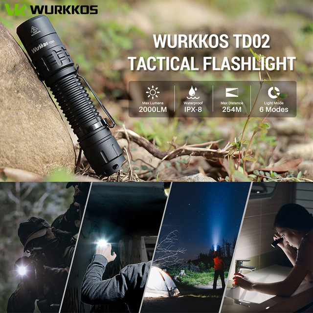 Wurkkos TD02 Kompakte taktische Taschenlampe in Schwarz mit 2000 lm, IPX8 wasserdicht und wiederaufladbar mit Heckschalter - Bild 1