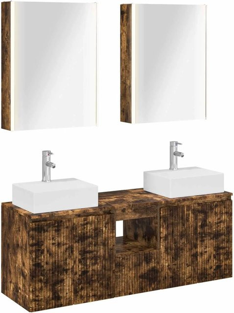 vidaXL Badezimmerschrank-Set 5-teilig aus Holzwerkstoff in Geräucherte Eiche, modern und matt, inklusive Waschtischunterschrank, Wandschrank und Spiegelschrank mit LED-Beleuchtung, Braun - Bild 1