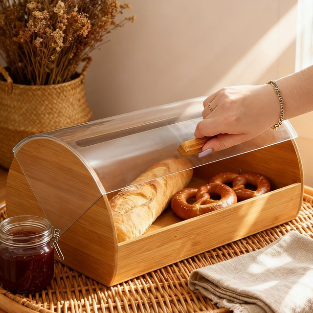 Brotbehälter aus Bambus mit Acryldeckel in Braun, luftdichter Aufbewahrungsbehälter mit Rolltop für Brot und Kekse, B/T/H: 38,0 x 16,0 cm - Bild 1