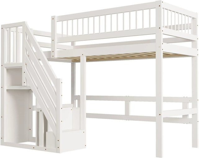 Merax Massivholzbett aus Kiefer mit Treppe und Stauraumschrank in Weiß und Grau, B/T/H: 90 x 200 x 142 cm - Bild 1