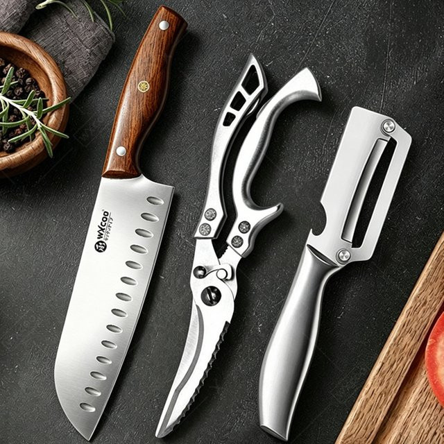 WXCOO Japanisches Santoku-Messer aus Edelstahl in Silber mit Holzgriff für Fleisch und Gemüse - Bild 1