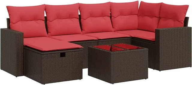 vidaXL 7-tlg. Garten-Sofagarnitur in L-Form aus braunem Poly-Rattan mit Kissen und pulverbeschichtetem Stahlgestell - Bild 1