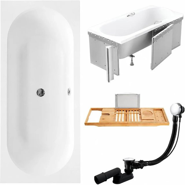 KOLMAN Badewanne Rechteck aus Acryl in Weiß mit Styroporverkleidung, Bambus-Badewannenablage, Ablauf und Füßen, B/T: 180 x 80 cm - Bild 1