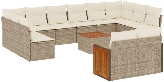 vidaXL 13-tlg. Garten-Sofagarnitur in L-Form aus Polyrattan und Akazienholz mit Kissen in Beige-creme - Bild 1