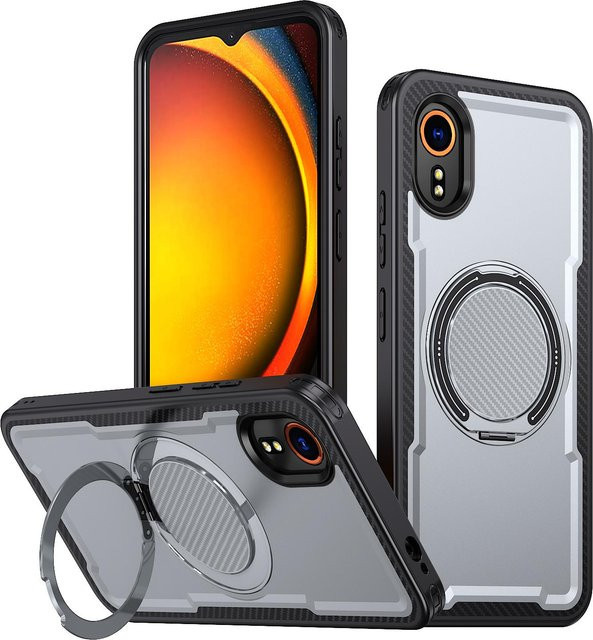 Samsung Galaxy XCover7 Hülle mit Ständer und MagSafe-Kompatibilität in Grau mit Kohlefaser-Textur und stoßfestem Hybrid-Design - Bild 1