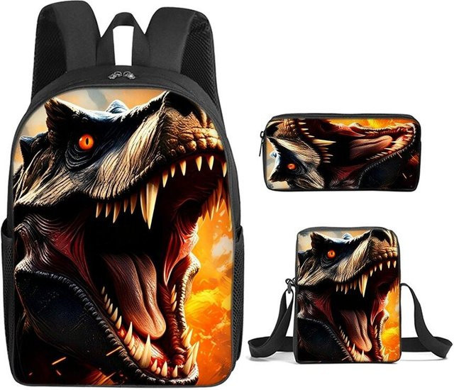 BAOERYE 3er Set Schultaschen mit Rucksack, Umhängetasche und Federmäppchen im Vulkan Dinosaurier Print, Mehrfarbig - Bild 1
