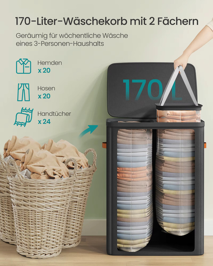 SONGMICS Wäschekorb mit 2 Fächern und Deckel in Beige, 170 l, B/T/H: 56 x 40 x 75 cm - Bild 4