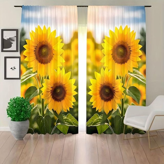 2-teiliges Set Sonnenblumen Vorhänge mit 3D-Digitaldruck, gelb, semi-transparent, B: 100 cm, H: 130 cm - Bild 1