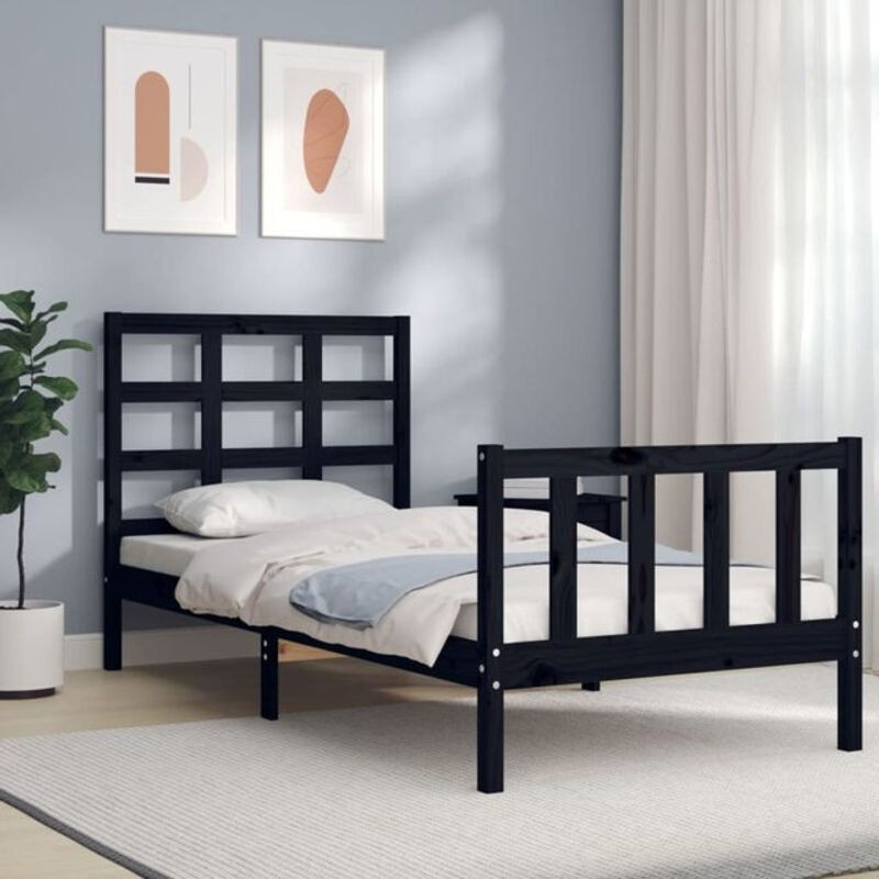 Massivholzbett aus Kiefer mit Kopfteil von vidaxl in Schwarz, Landhaus und Modern Stil, B: 160 x T: 200 x H: 90 cm - Bild 1
