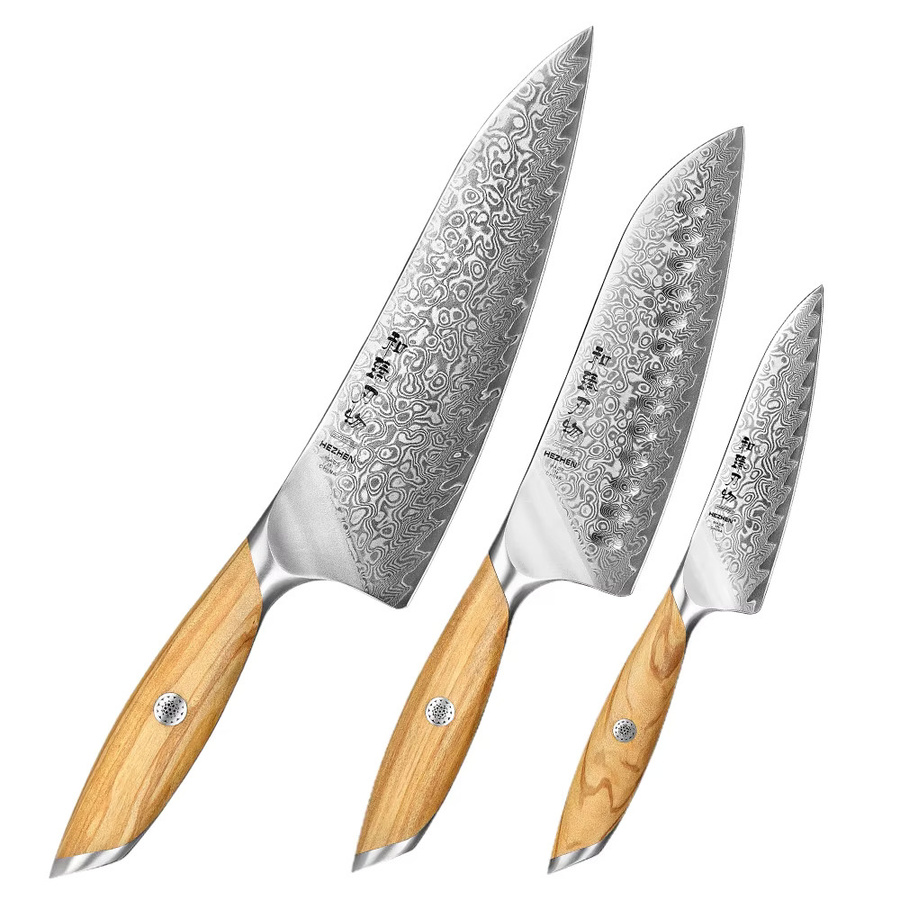 HEZHEN 3-teiliges Messer-Set aus Damaststahl in Silber mit 73 Schichten und 14Cr14MovNb Stahlkern inklusive Geschenkbox - Bild 4