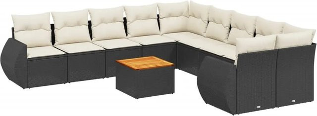 vidaXL 11-tlg. Garten-Sofagarnitur aus Poly-Rattan und Akazienholz in Schwarz-Creme mit UV-beständigen Kissen - Bild 1