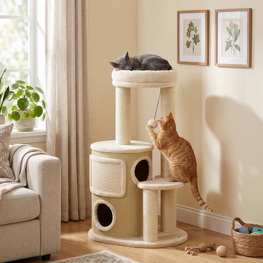 PawHut Kratzbaum Beige mit 2-stöckiger Kratztonne, Sisal-Kratzpfosten, Plattform und Spielball für Katzen bis 5kg - Bild 2