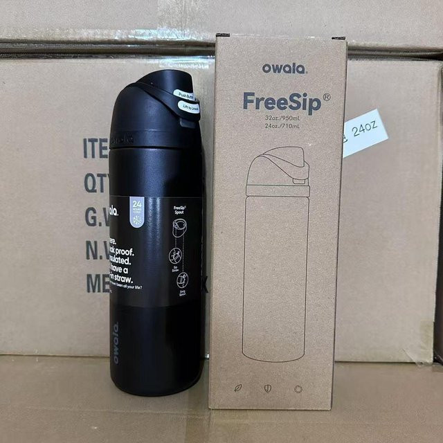 Owala Vakuumisolierte Sportflasche aus Edelstahl mit Griff und Strohhalm, Schwarz, 24oz - Bild 1