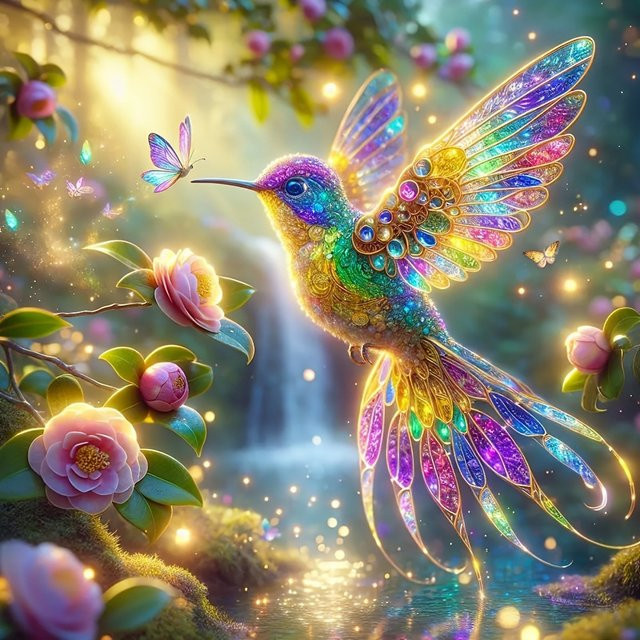 EverShine DIY 5D-Diamantgemälde Kolibri mit Blumen als Mosaik-Strassbild in Multicolour, B/H: 20 x 20 cm - Bild 1