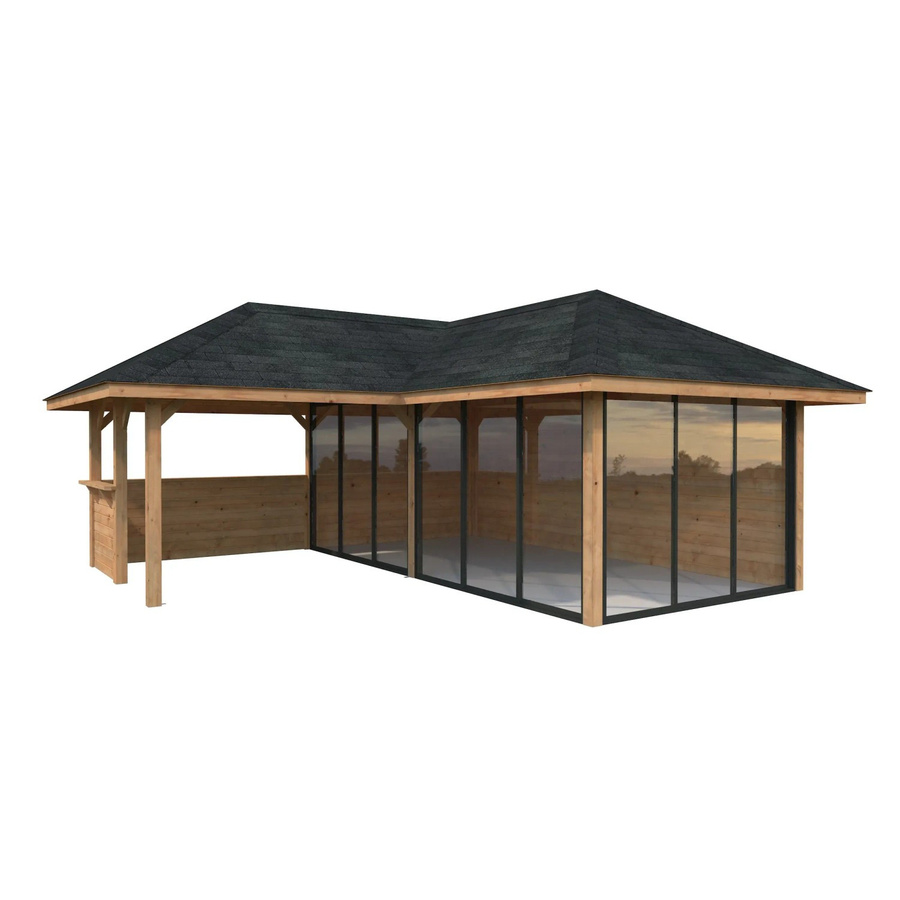 PALMAKO Pavillon Bianca Set 223 Slide aus Fichtenholz in Braun mit Alu-Schiebetüren und Eck-Tresenanlage, B/T/H: 588 x 588 x 319 cm - Bild 2