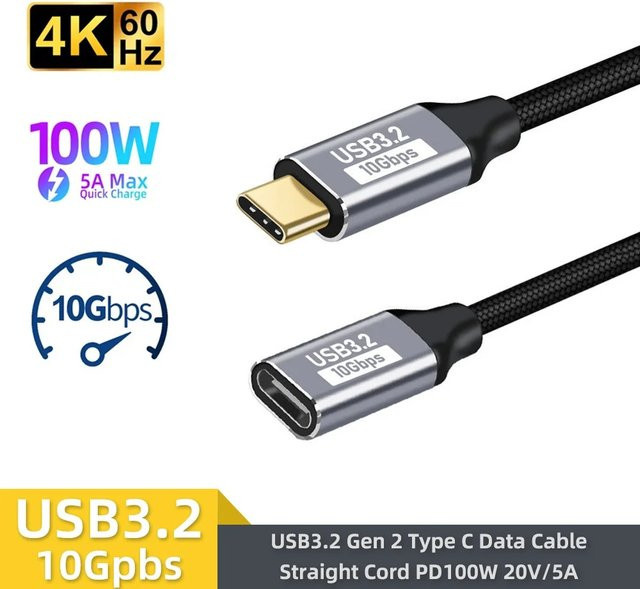 USB 3.2 Typ-C Verlängerungskabel für schnelle Datenübertragung mit 10 Gbit/s in Schwarz - Bild 1