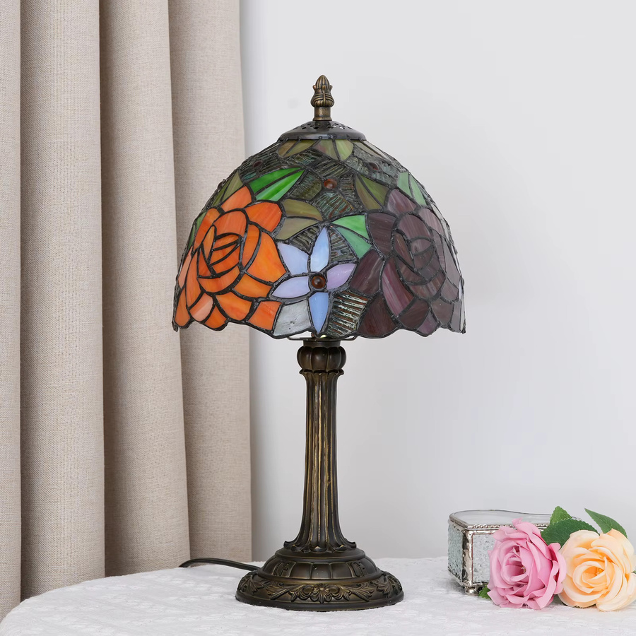 Rose Tiffany Kleine Tischlampe aus Buntglas im Art Nouveau Design, Mehrfarbig, Höhe: 36,5 cm - Bild 2
