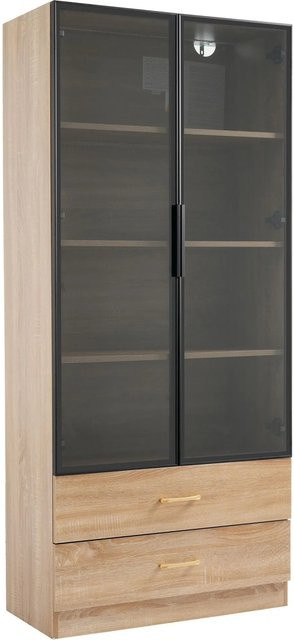 okwish Badezimmerschrank in Braun mit integrierter Lichtleiste, 2 Schubladen und 2 Glastüren, B/T/H: 75 x 35 x 170 cm - Bild 1