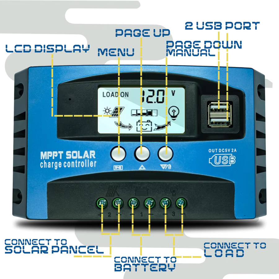 Powlsojx Solar Laderegler 12V 24V mit LCD-Display und Dual-USB-Anschlüssen in Blau - Bild 4