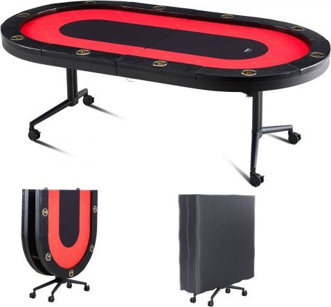 VEVOR Casino Pokertisch für 10 Spieler, faltbarer Pokertisch mit Filzauflage und Edelstahl-Getränkehaltern, Schwarz und Rot, B/T/H: 229 x 122 x 80 cm - Bild 1