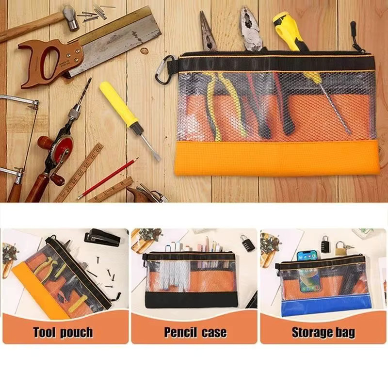 Robuste, transparente Werkzeugtasche mit Reißverschluss und Netzfenster in Orange, B/T/H: 30,0 x 24,5 x 17,0 cm - Bild 4