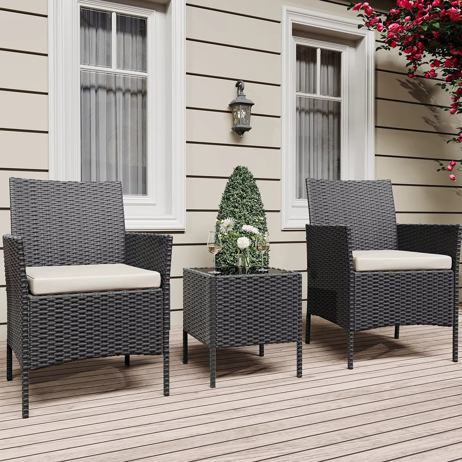 3-teiliges HiMISS Outdoor-Bistro-Set aus Polyrattan mit Glas-Couchtisch und gepolsterten Kissen in Schwarz und Beige - Bild 6