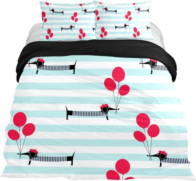 Bettwäscheset mit Cartoon-Dackel von Your Warm Home in Bordeaux, bestehend aus Bettbezug und 2 Kissenbezügen aus Polyester, B/H: 140 x 210 cm, Kissenbezüge: 50 x 70 cm - Bild 1