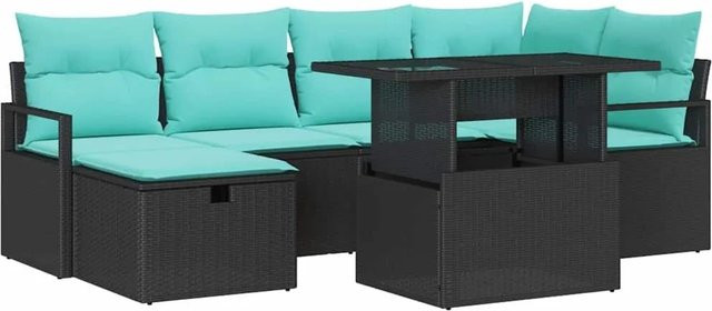 vidaXL Garten-Sofa-Set 7-teilig aus Poly Rattan und Stahl mit Glastisch und Kissen in Schwarz - Bild 1
