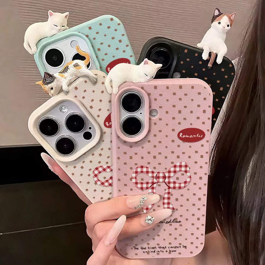 Stoßfeste iPhone Hülle mit süßem 3D Katzen-Design und Schleifen-Punkt-Muster für iPhone 11 bis iPhone 17 Pro Max und Air Modelle - Bild 4