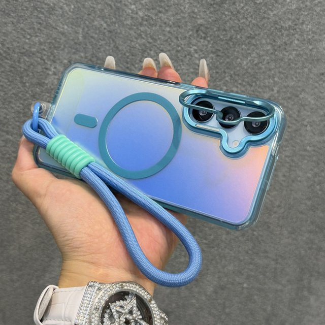 Luxuriöse Laser-Frost-Acryl Handyhülle mit Lanyard und Klappständer für Samsung Galaxy S26 Ultra S25 Ultra S24 S23 S22 Plus mit MagSafe-Unterstützung in Schwarz oder Blau - Bild 1