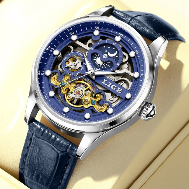 LIGE Armbanduhr Automatik, Schwarz Rot, Leder, Herren - Bild 1