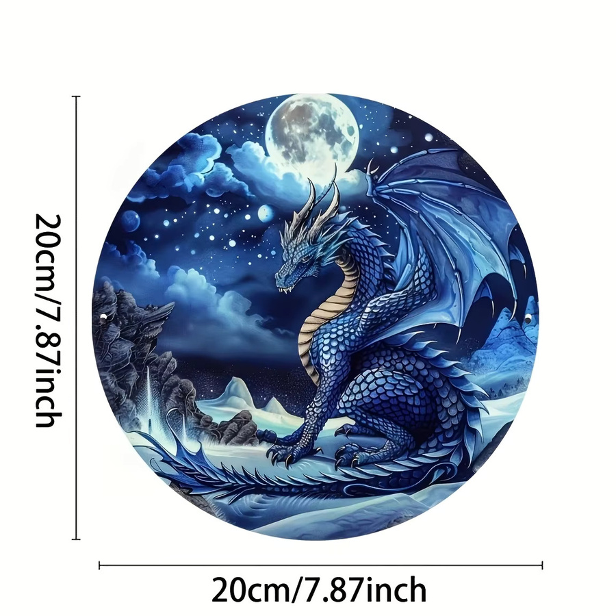 Potdemiel Fantasy Blue Dragon Aluminium-Wandkunst, rundes Vintage-Metallschild in Blau, Durchmesser: 20,3 cm - Bild 5