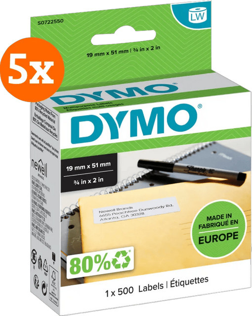 DYMO Ablösbare Etiketten Multipurpose in Weiß, 5er-Pack, B: 19 mm, L: 51 mm, 500 Stück - Bild 1