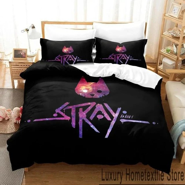 Bettwäsche-Set Stray Game Katze und Momo von Binchi Outdoor Product in Schwarz, bestehend aus Bettbezug und Kissenbezug, B/H: 180 x 210 cm - Bild 1