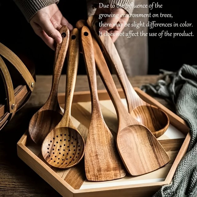 5-teiliges Küchenutensilien-Set aus Holz von DUTRIEUX in Braun, handgefertigte Pfannenwerkzeuge inklusive Spurtle und Suppenkellen, kratzfrei für antihaftbeschichtete Pfannen - Bild 1