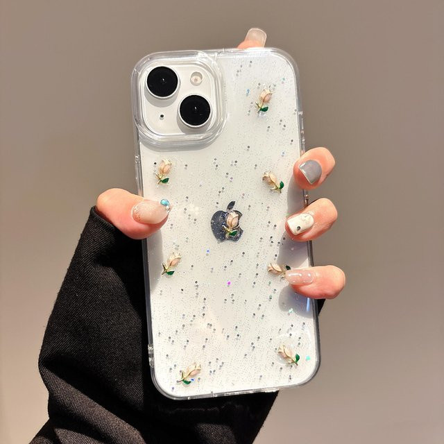 Ästhetische iPhone Hülle mit 3D-Tulpen und Glitzer, Stoßfeste transparente Silikon Schutzhülle für Apple iPhone 16 15 14 13 12 11 Pro Max - Bild 1