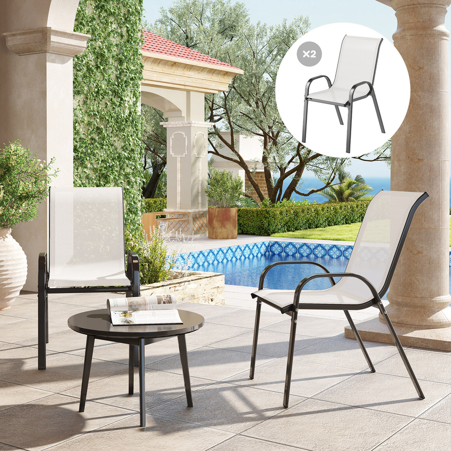 Outsunny 2er-Set stapelbare Gartenstühle mit Armlehnen aus Stahl und Texteline in Hellgrau, B/T/H: 54 x 71 x 93 cm - Bild 2