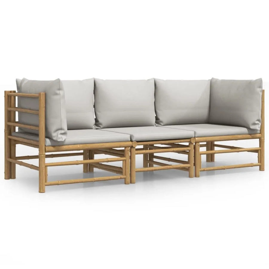 vidaXL 3-tlg Garten-Lounge-Set aus Bambus mit grauen Polstern in L-Form - Bild 2