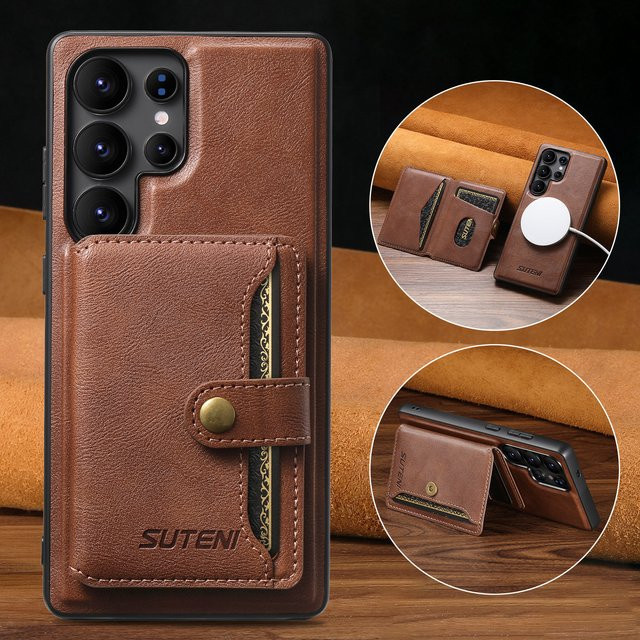 SUTENI Luxus Handyhülle aus PU-Leder mit Magnetverschluss, Kartenhalter und Ständer für Samsung Galaxy S26 Ultra, S25, S24, S23, S22 in Braun mit kabellosem Laden - Bild 1