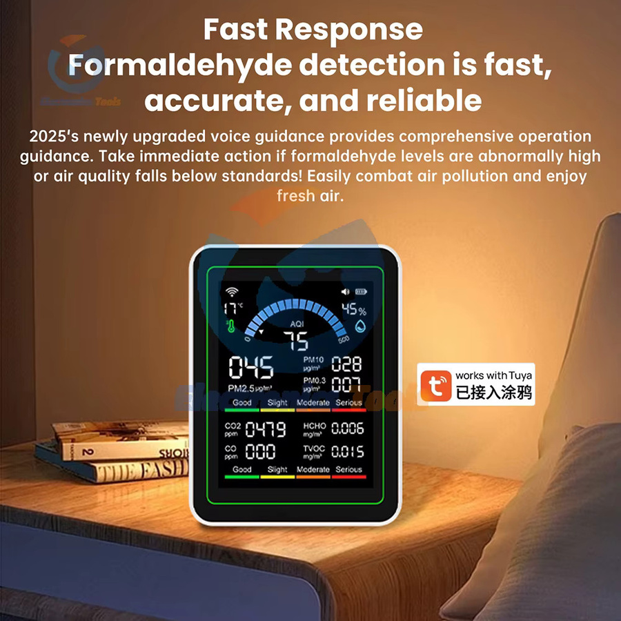 Gaqqee Tuya WiFi 10-in-1 Luftqualitätsmonitor in Weiß mit CO2-Messung, PM2,5, PM10, Formaldehyd sowie Temperatur- und Feuchtigkeitsanzeige - Bild 4