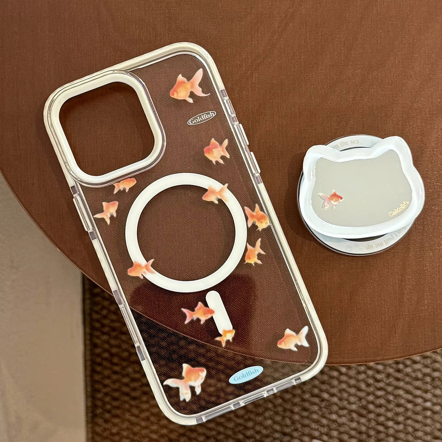 Magnetische iPhone Handyhülle mit Spiegelständer und Cartoon-Katze sowie Goldfisch Design, stoßfeste Abdeckung für iPhone 17, 16, 15, 14, 13, 12 Pro Max von MUQGEW - Bild 2